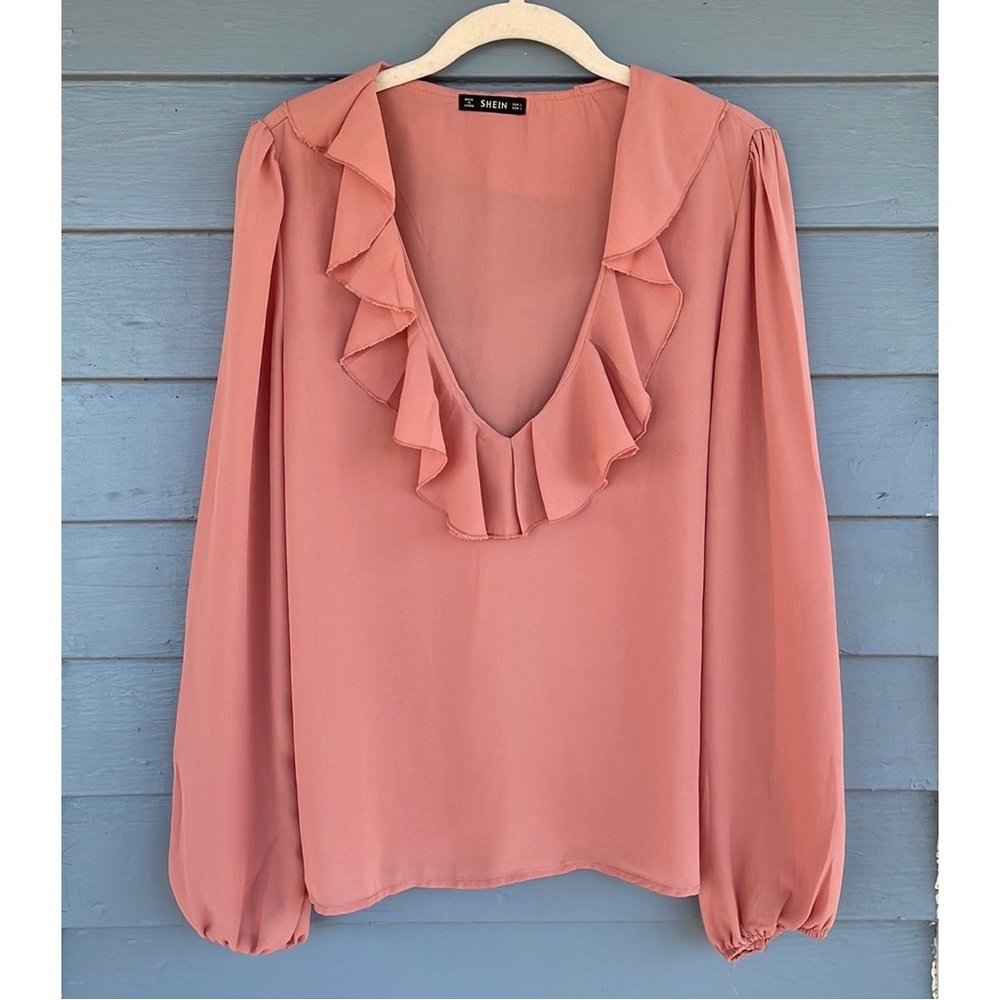Pink Ruffled Scoop Neck Blouson Sleeve Blouse